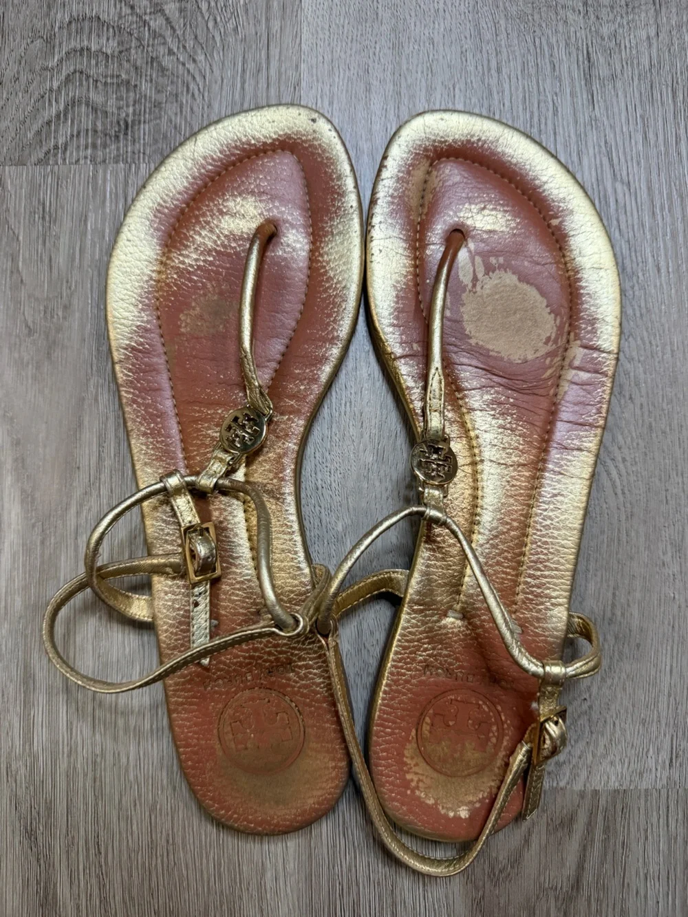 Tory Burch Metallic Gold Leather Thong Sandals with Logo Charm
